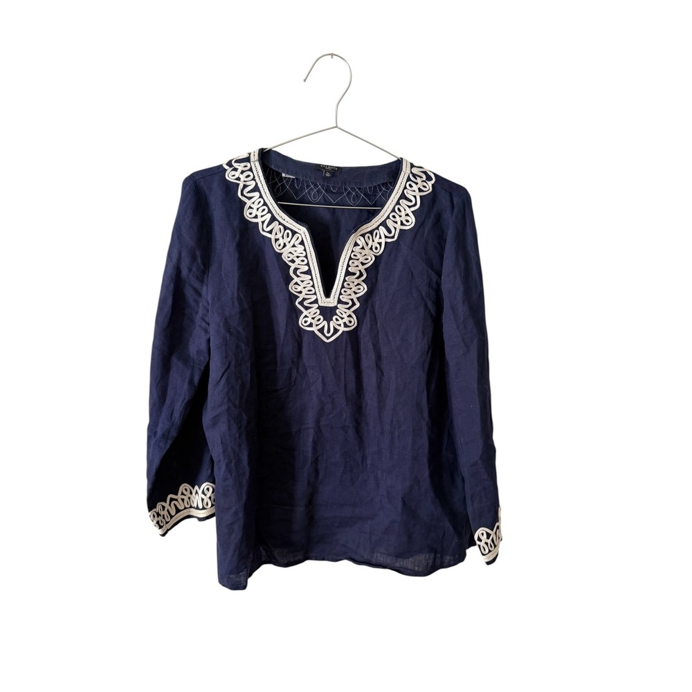 Talbots‎ Petites Linen Tunic Top Navy Blue LP Embroidered V-Neck Blouse Coastal